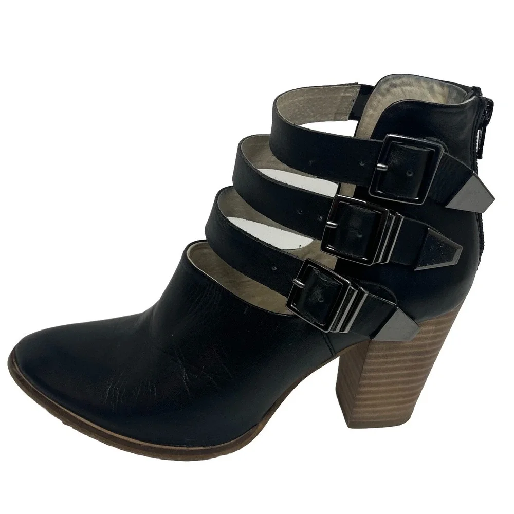 Seychelles Haywire Booties Black Leather Buckle Zip Stacked Heel Womens Size 8.5
